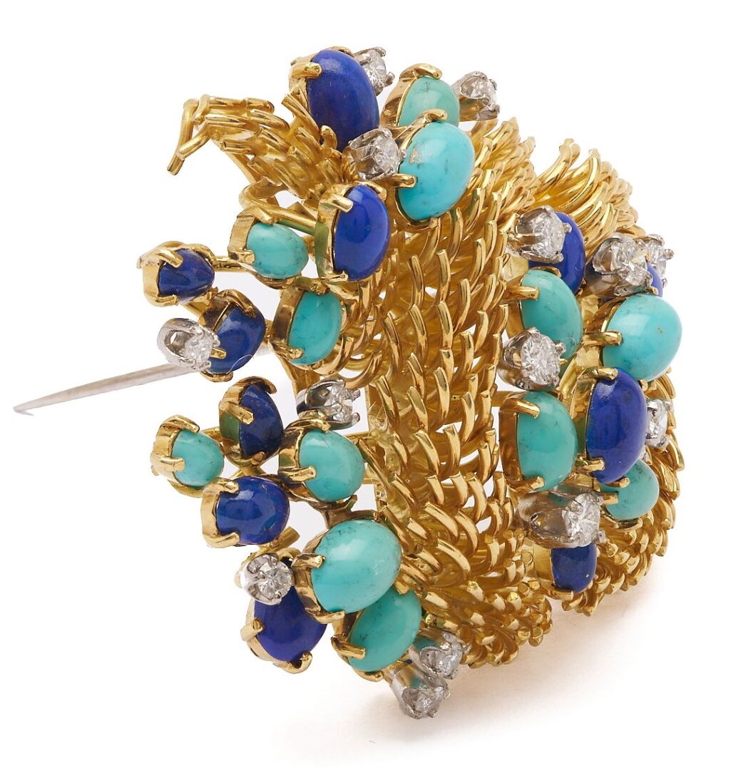 Lot 54: 18K Gold, Turquoise, Lapis, and Diamond Brooch