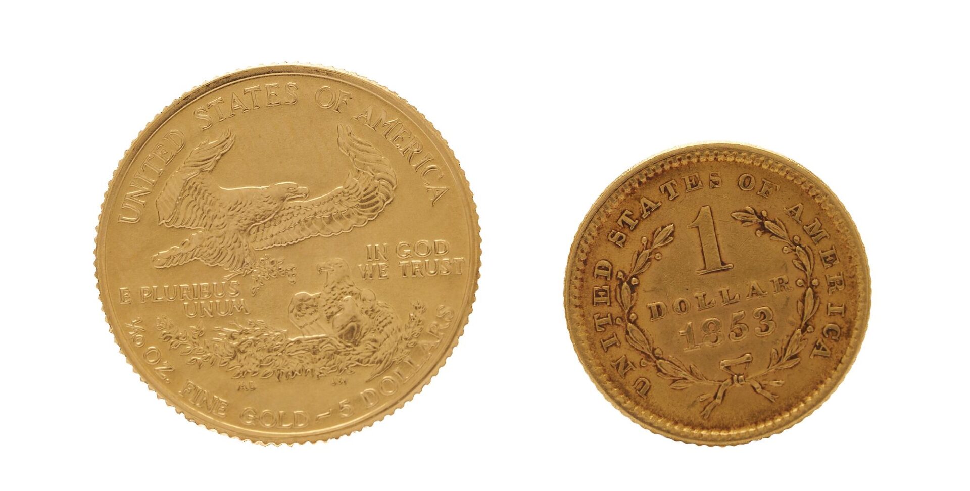Lot 551: 1991 $5 Gold American Eagle Coin, Cased & 1853 $1 Gold Coin