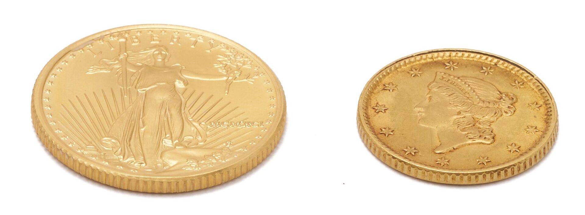 Lot 551: 1991 $5 Gold American Eagle Coin, Cased & 1853 $1 Gold Coin