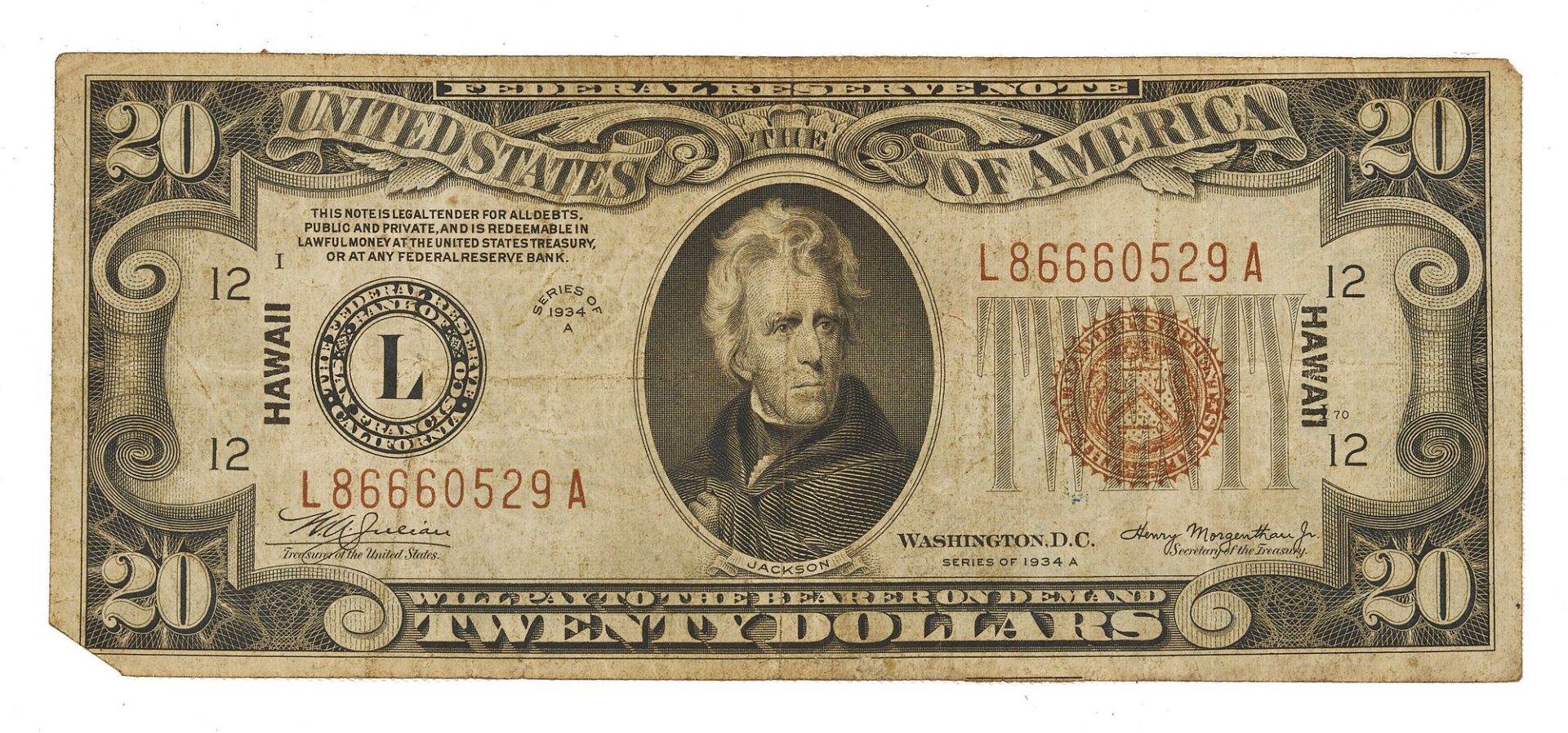 Lot 562: 7 $20 & 1 $10 Hawaii Bank Notes