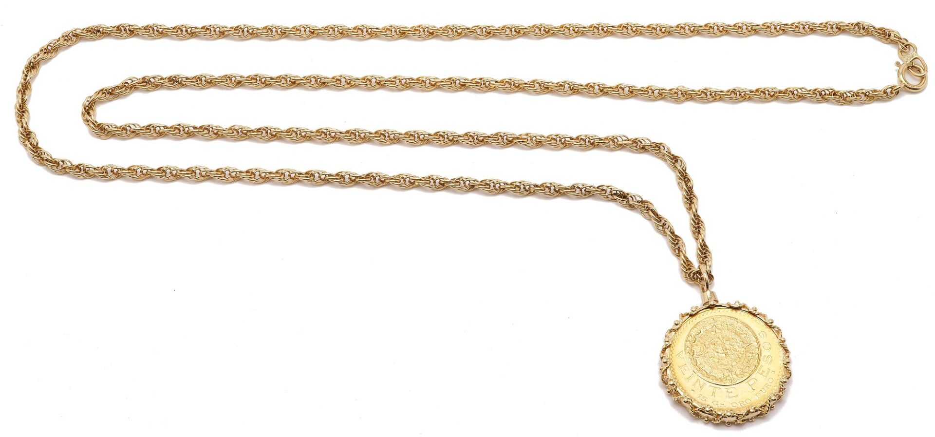 Lot 56: 14K Gold Necklace w/ Mexican 1959 Veinte Peso Gold Coin
