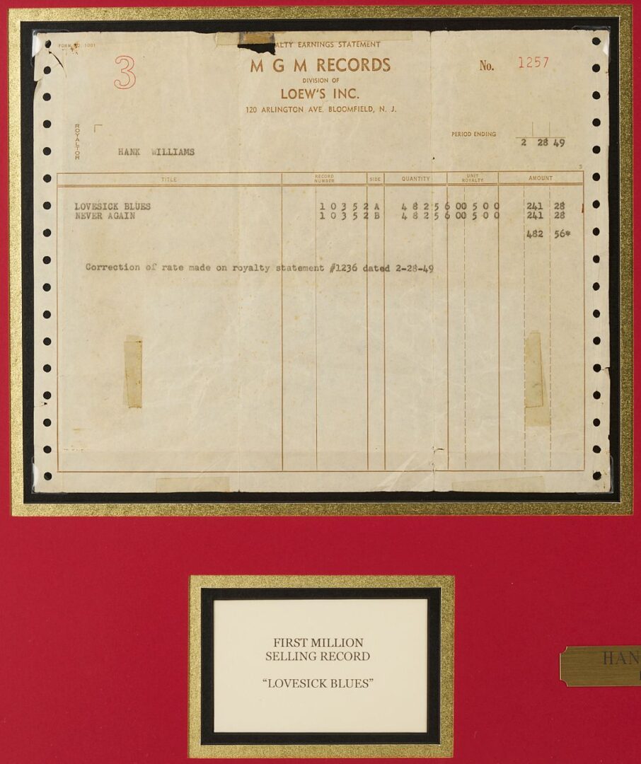 Lot 573: Hank Williams Autograph & Early MGM Royalty Statement