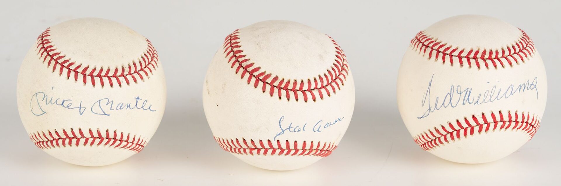 Lot 581: Three Signed Baseballs; Mantle, Williams, Aaron; JSA Authenticated