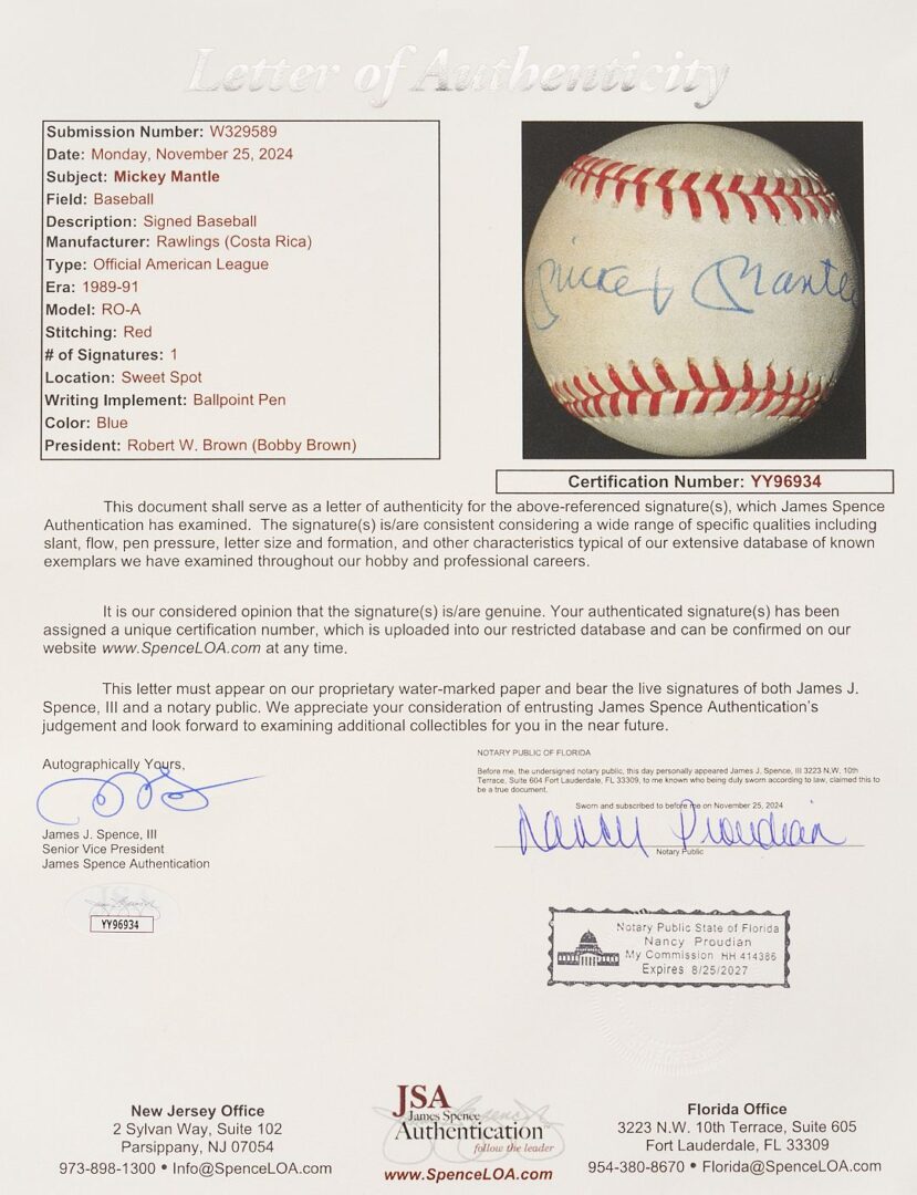 Lot 581: Three Signed Baseballs; Mantle, Williams, Aaron; JSA Authenticated