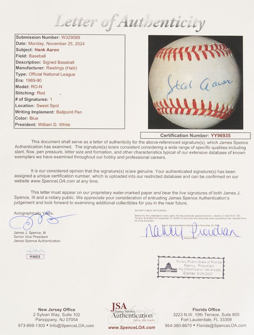 Lot 581: Three Signed Baseballs; Mantle, Williams, Aaron; JSA Authenticated