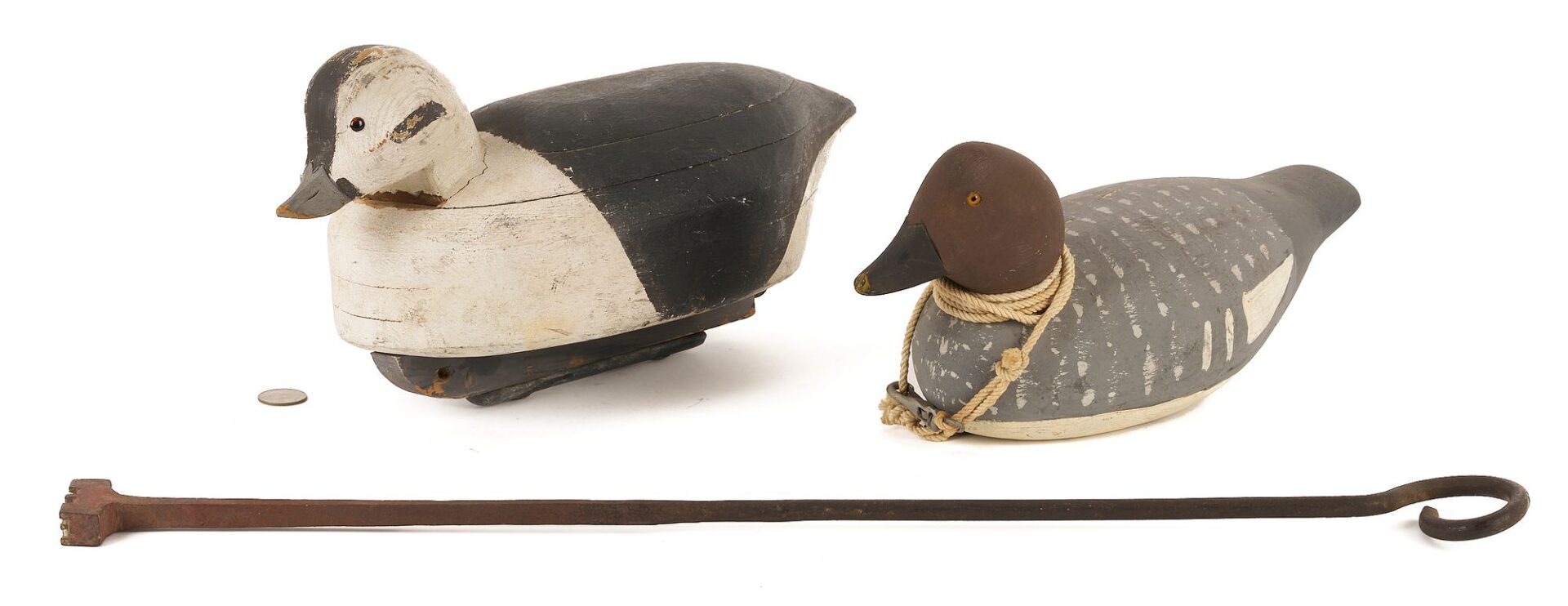 Lot 590: 2 New York Duck Decoys & Branding Iron, incl. George Bacon Golden-Eye Hen