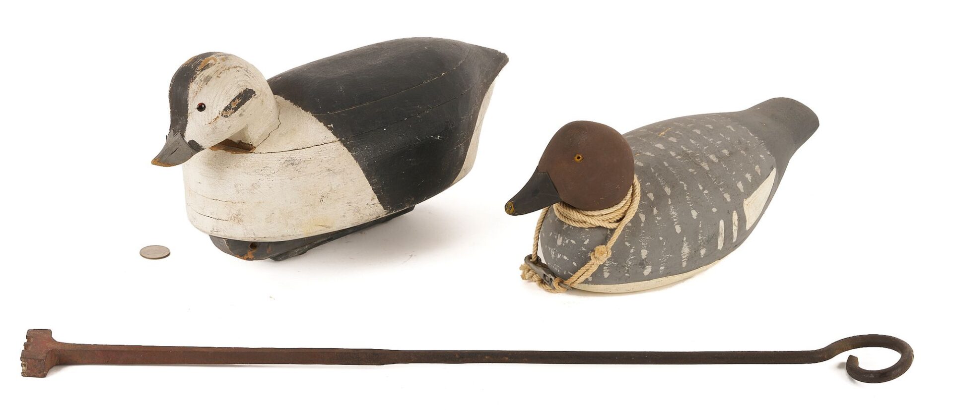 Lot 590: 2 New York Duck Decoys & Branding Iron, incl. George Bacon Golden-Eye Hen