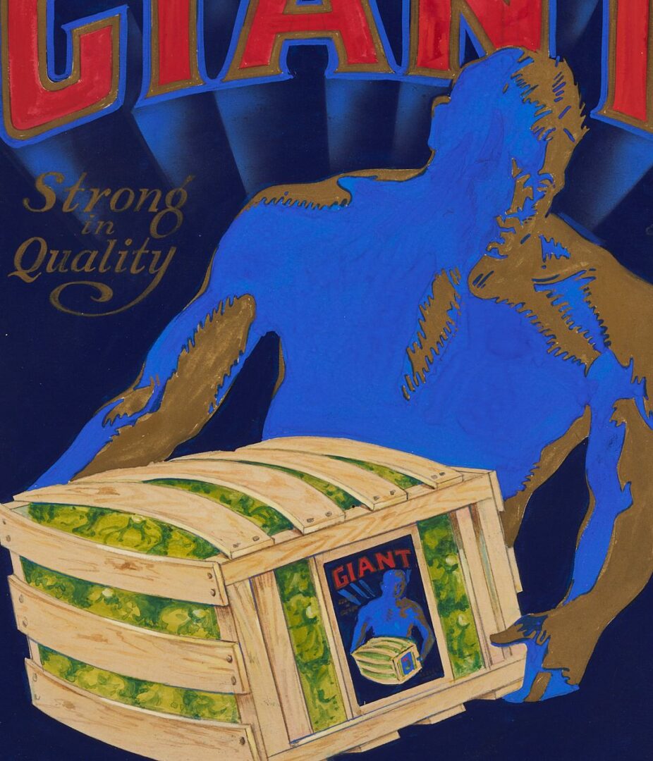 Lot 602: Giant Lettuce Original California Crate Label Advertising Illustration Painting, c. 1930s-40s
