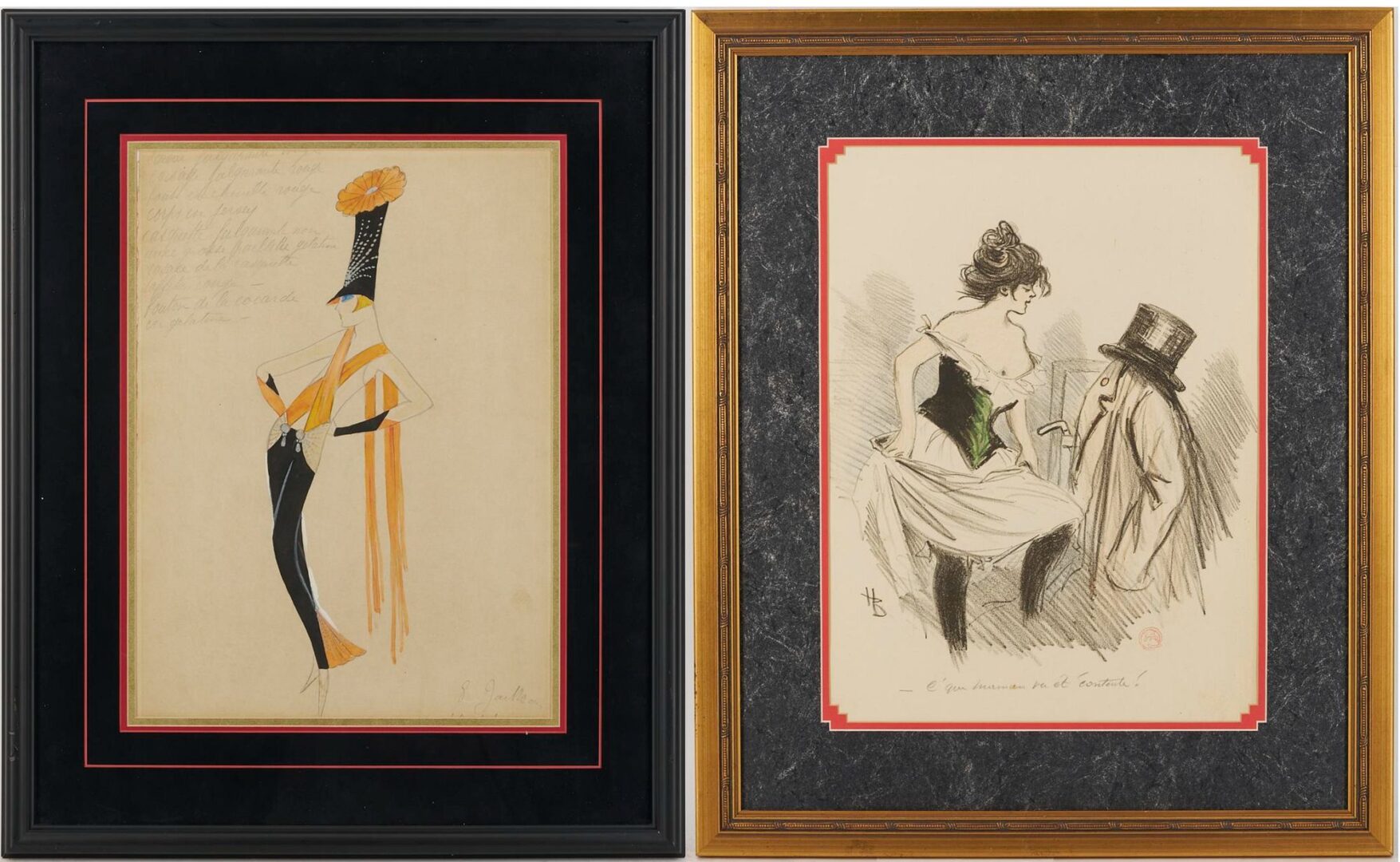 Lot 607: Attr. Gesmar Art Deco Fashion Watercolor Painting, Les Gigolo, Plus Boutet Lithograph