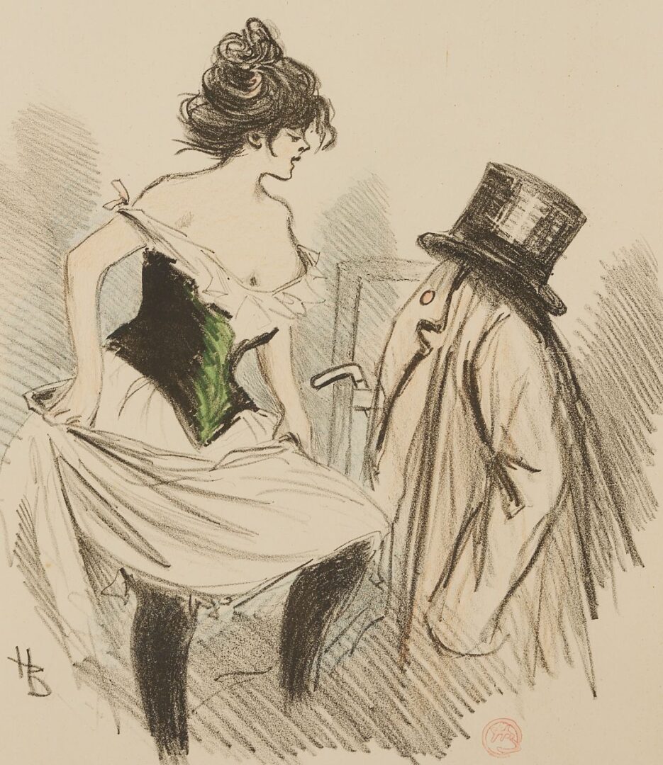 Lot 607: Attr. Gesmar Art Deco Fashion Watercolor Painting, Les Gigolo, Plus Boutet Lithograph