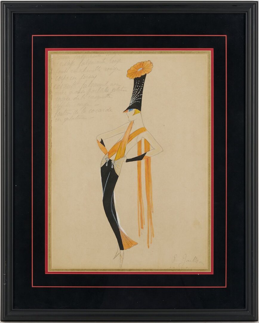 Lot 607: Attr. Gesmar Art Deco Fashion Watercolor Painting, Les Gigolo, Plus Boutet Lithograph