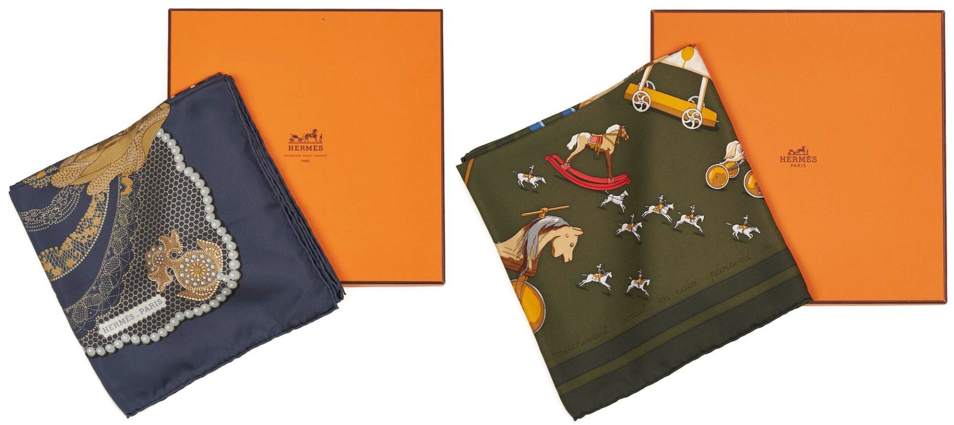 Lot 609: 2 Hermes Silk Scarves, Doigts de Fee & Raconte Moi Cheval