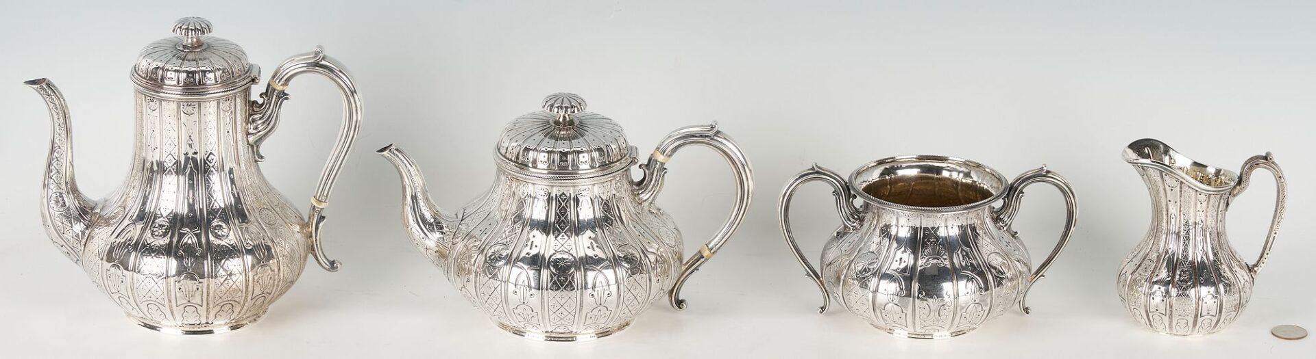 Lot 60: Aesthetic Movement Sterling Silver 4 pc Tea Service