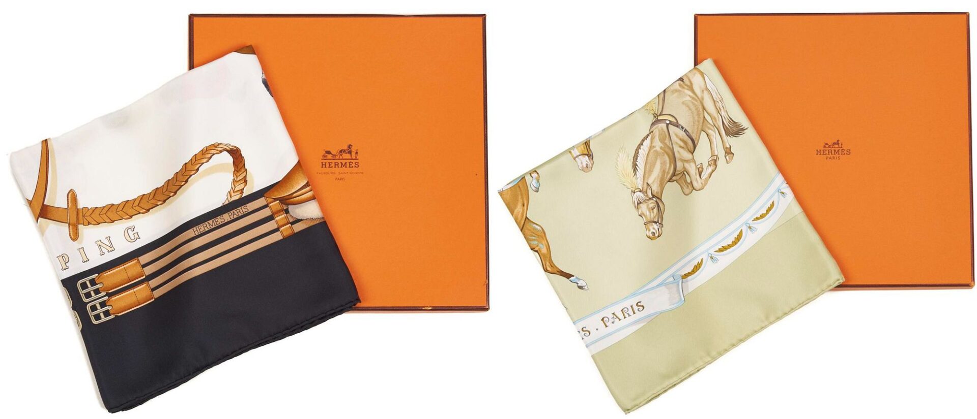 Lot 610: 2 Hermes Horse-Themed Silk Scarves, Jumping & En Piste