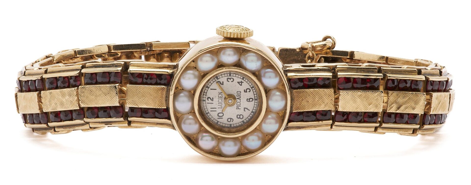 Lot 612: Lucien Piccard Gold and Pearl Watch Face w/ Gold and Ruby Band