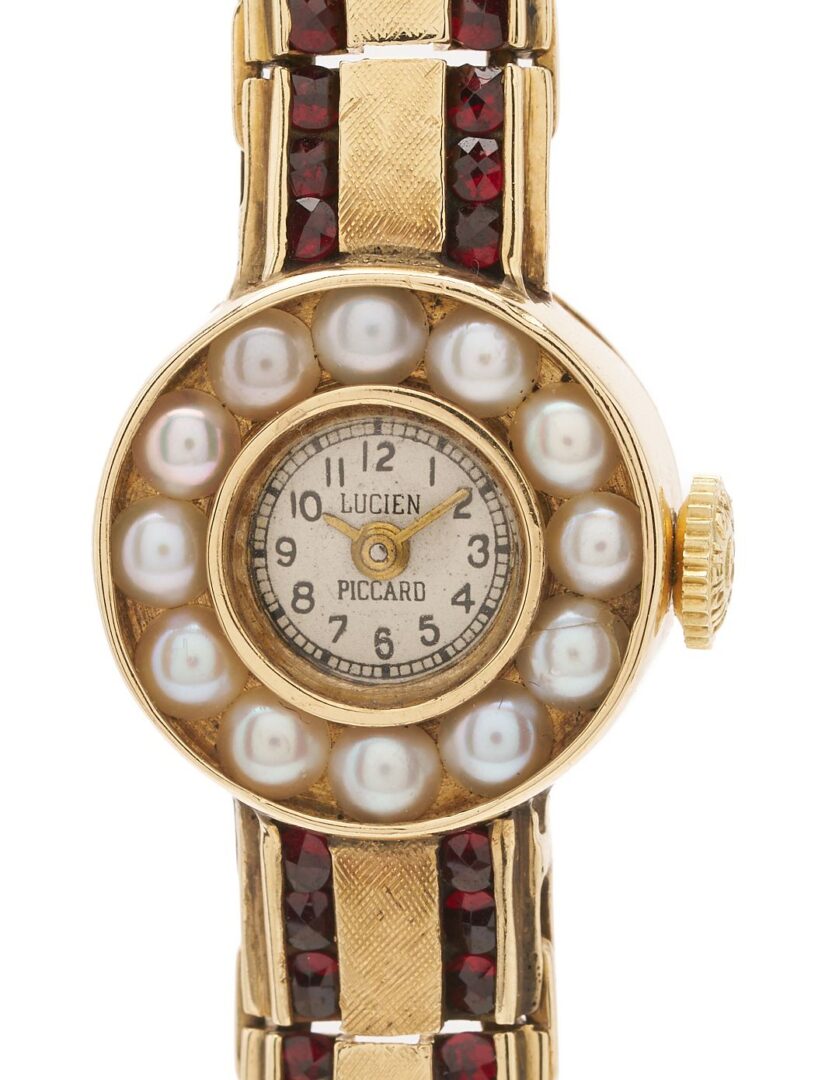 Lot 612: Lucien Piccard Gold and Pearl Watch Face w/ Gold and Ruby Band
