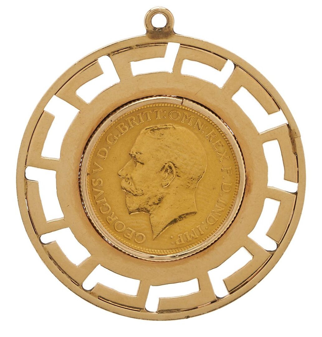 Lot 615: British Sovereign Coin Pendant in 14K Gold Bezel
