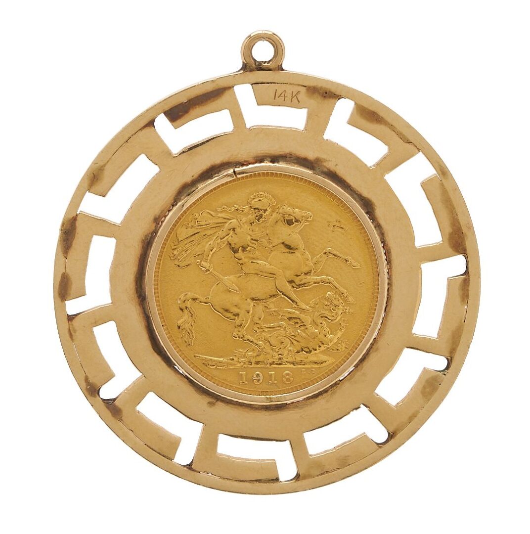 Lot 615: British Sovereign Coin Pendant in 14K Gold Bezel