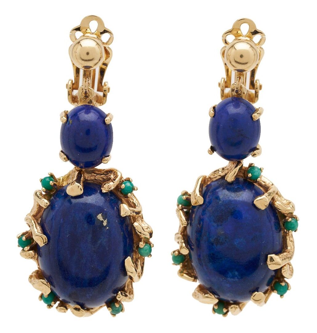 Lot 624: 14K Gold & Lapis Earrings