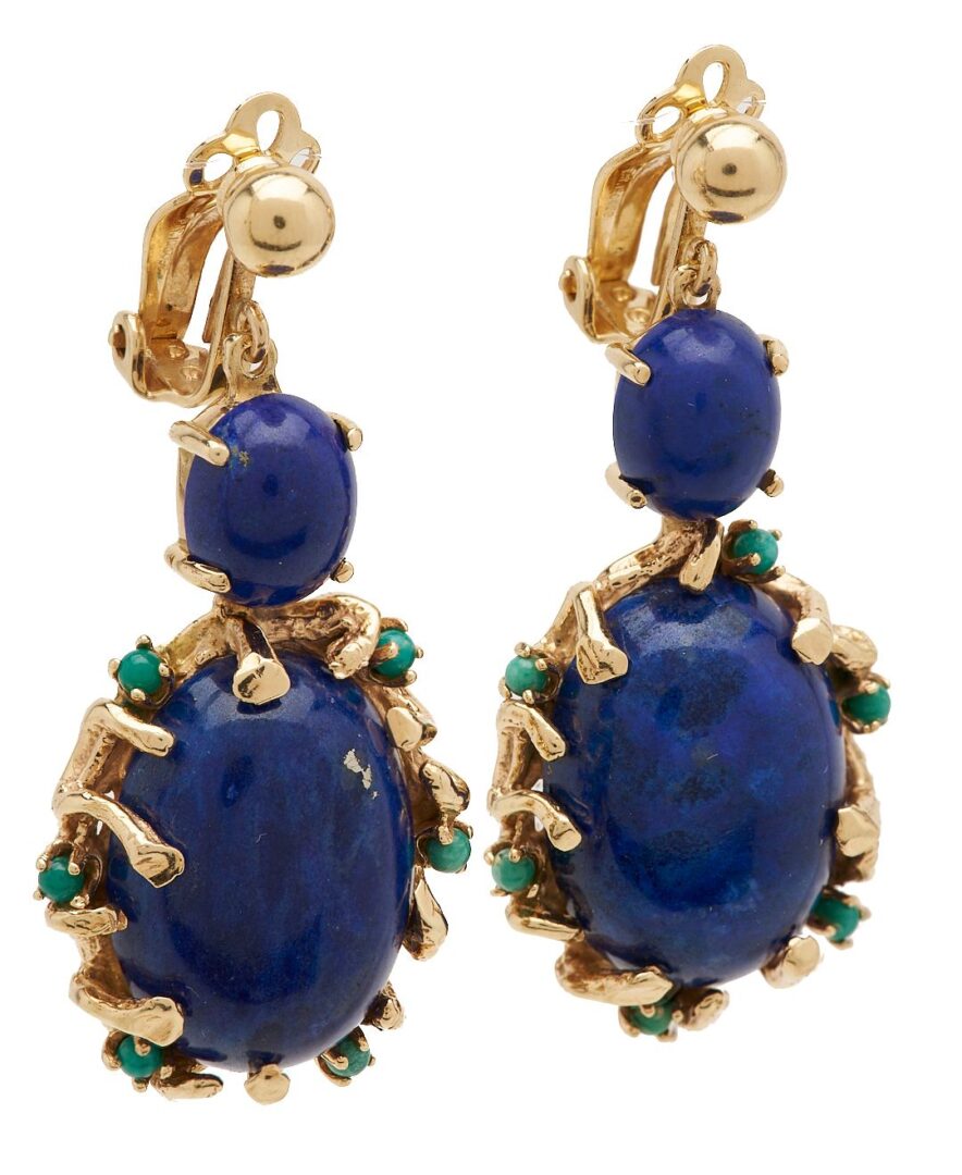 Lot 624: 14K Gold & Lapis Earrings