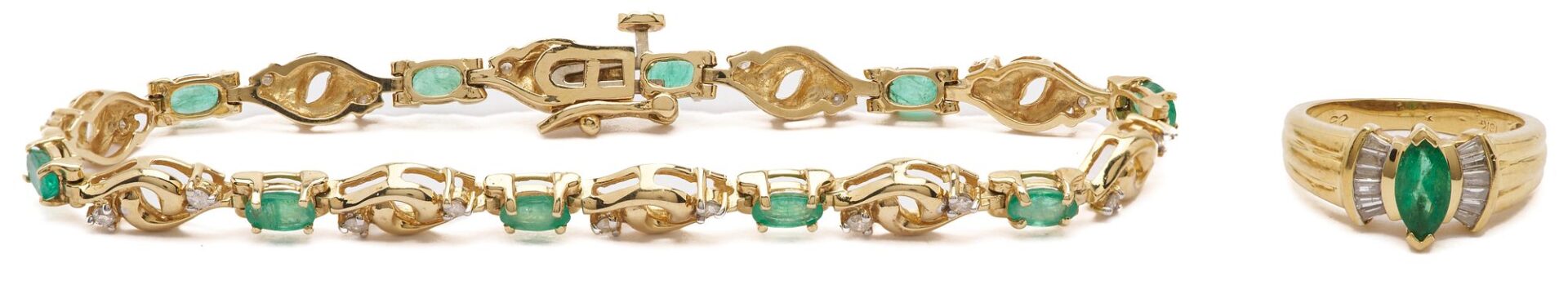 Lot 631: 14K Gold, Diamond & Emerald Bracelet and 18K Gold Marquis Cut Emerald & Diamond Ring