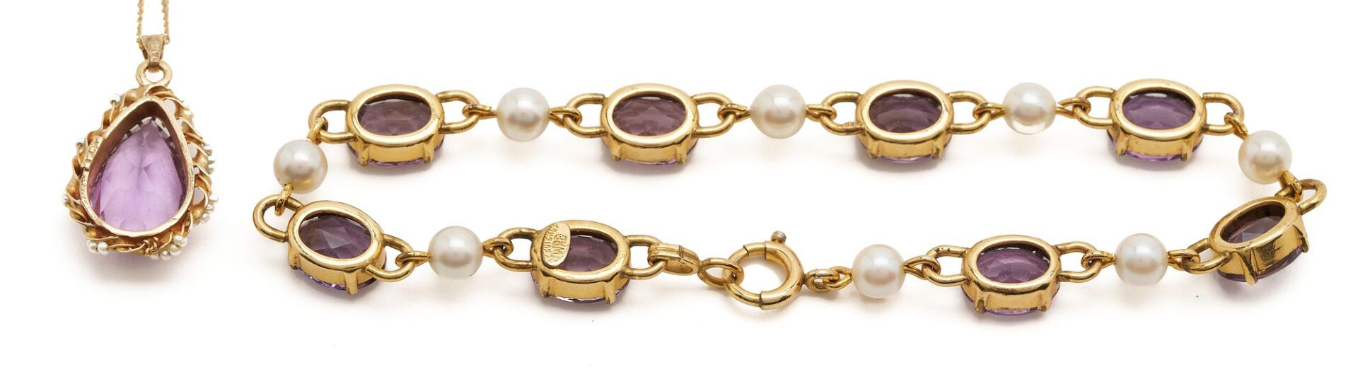 Lot 635: Yellow Gold & Amethyst Bracelet, Necklace, and 2 Earring Pairs