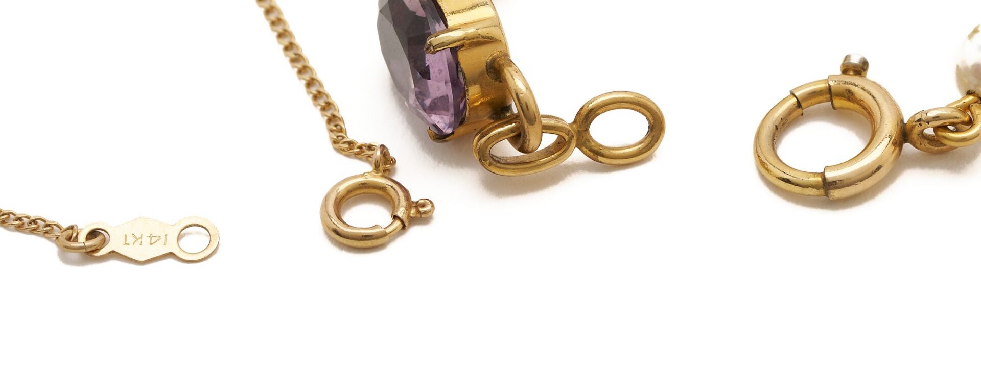 Lot 635: Yellow Gold & Amethyst Bracelet, Necklace, and 2 Earring Pairs