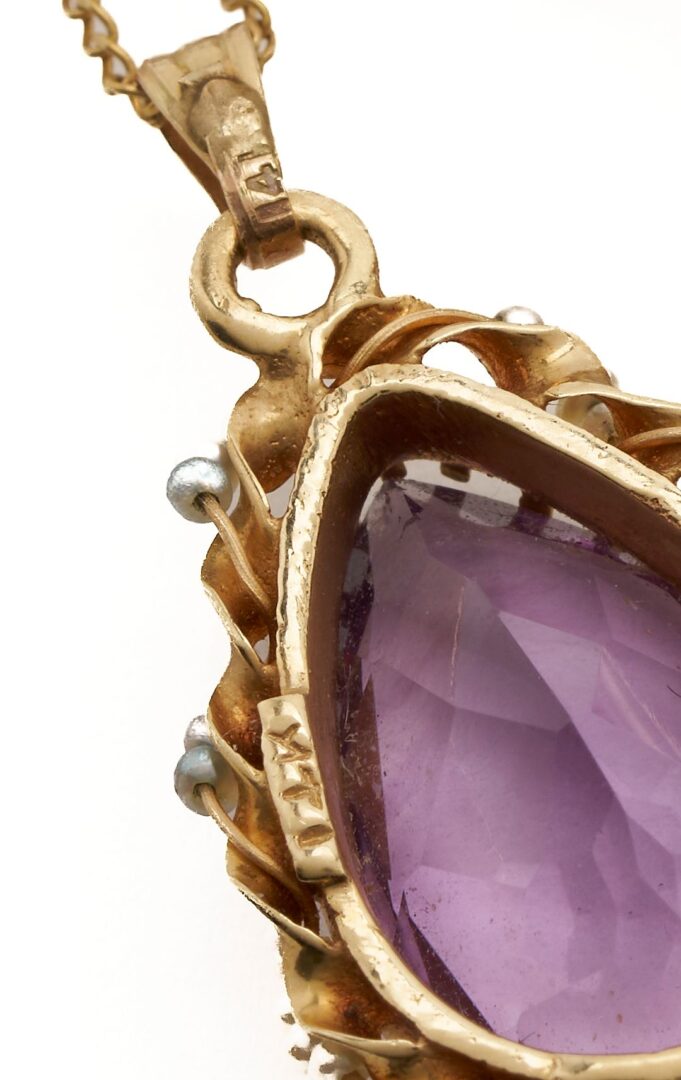 Lot 635: Yellow Gold & Amethyst Bracelet, Necklace, and 2 Earring Pairs