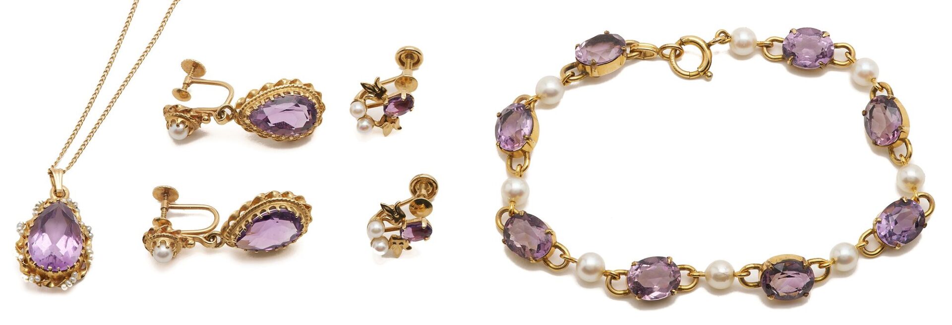Lot 635: Yellow Gold & Amethyst Bracelet, Necklace, and 2 Earring Pairs
