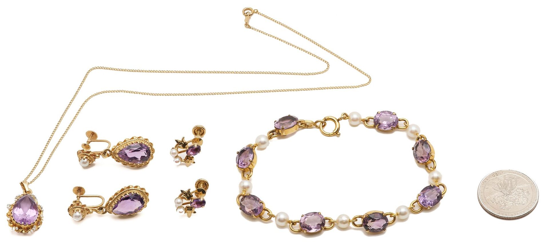 Lot 635: Yellow Gold & Amethyst Bracelet, Necklace, and 2 Earring Pairs