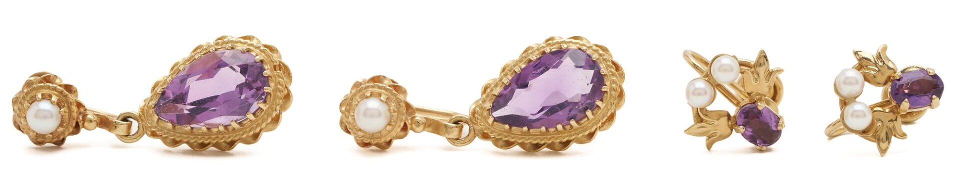 Lot 635: Yellow Gold & Amethyst Bracelet, Necklace, and 2 Earring Pairs
