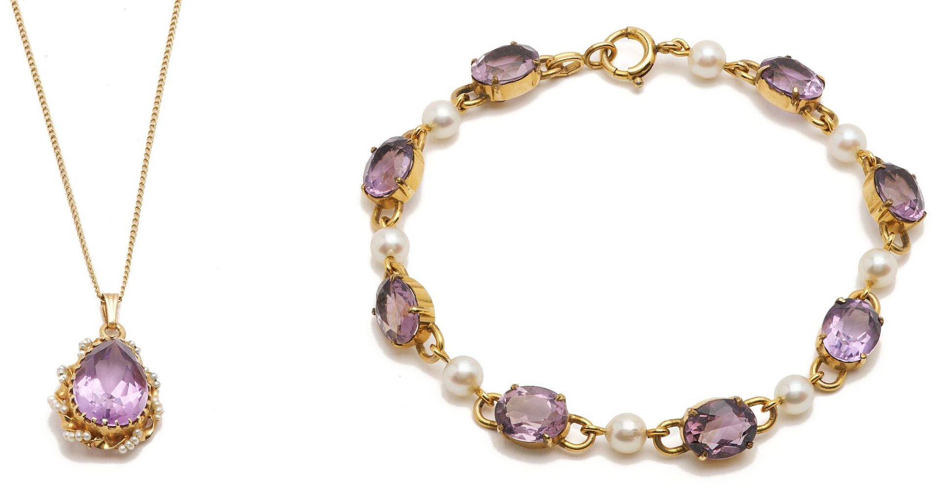 Lot 635: Yellow Gold & Amethyst Bracelet, Necklace, and 2 Earring Pairs