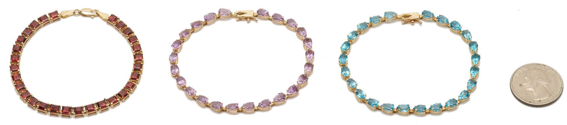 Lot 640: Three (3) 14K Gold Gemstone Bracelets