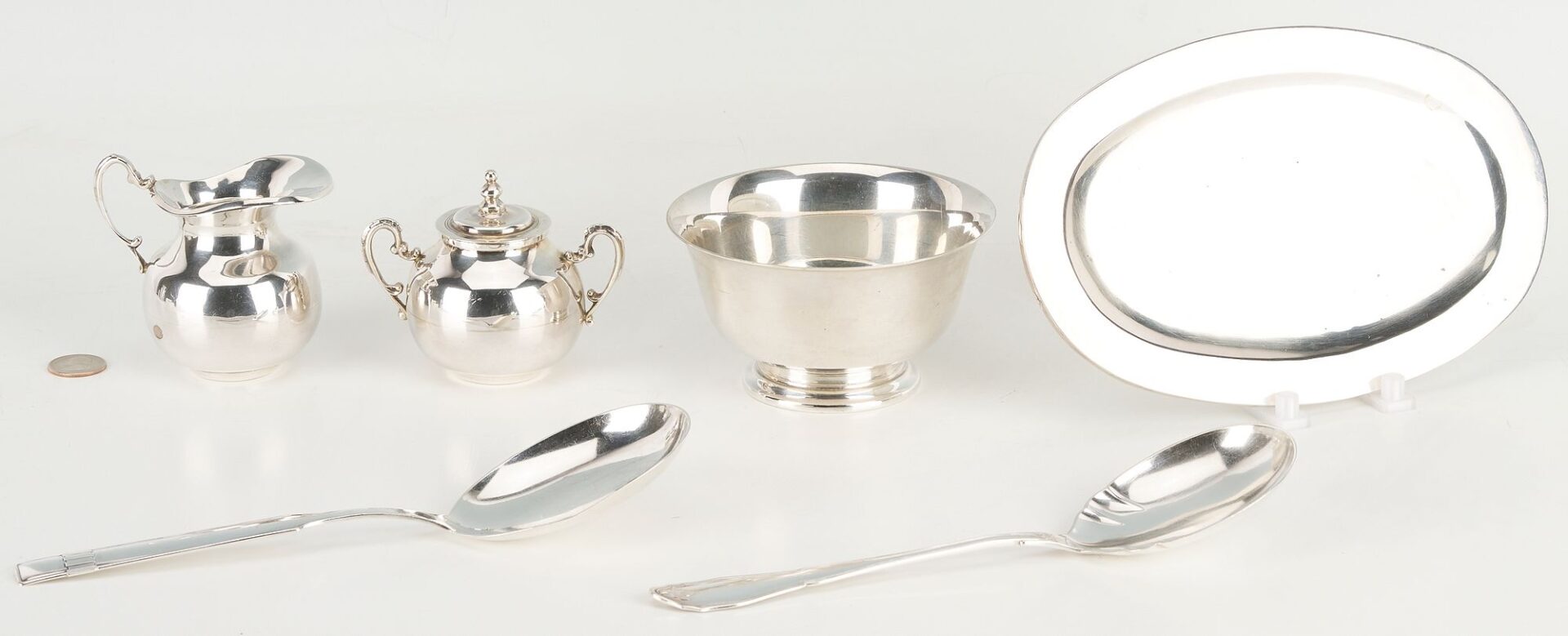 Lot 657: 6 pcs Hollowware incl. Danish Modern Spoons, Mexican Sugar/Creamer Set, Revere Bowl