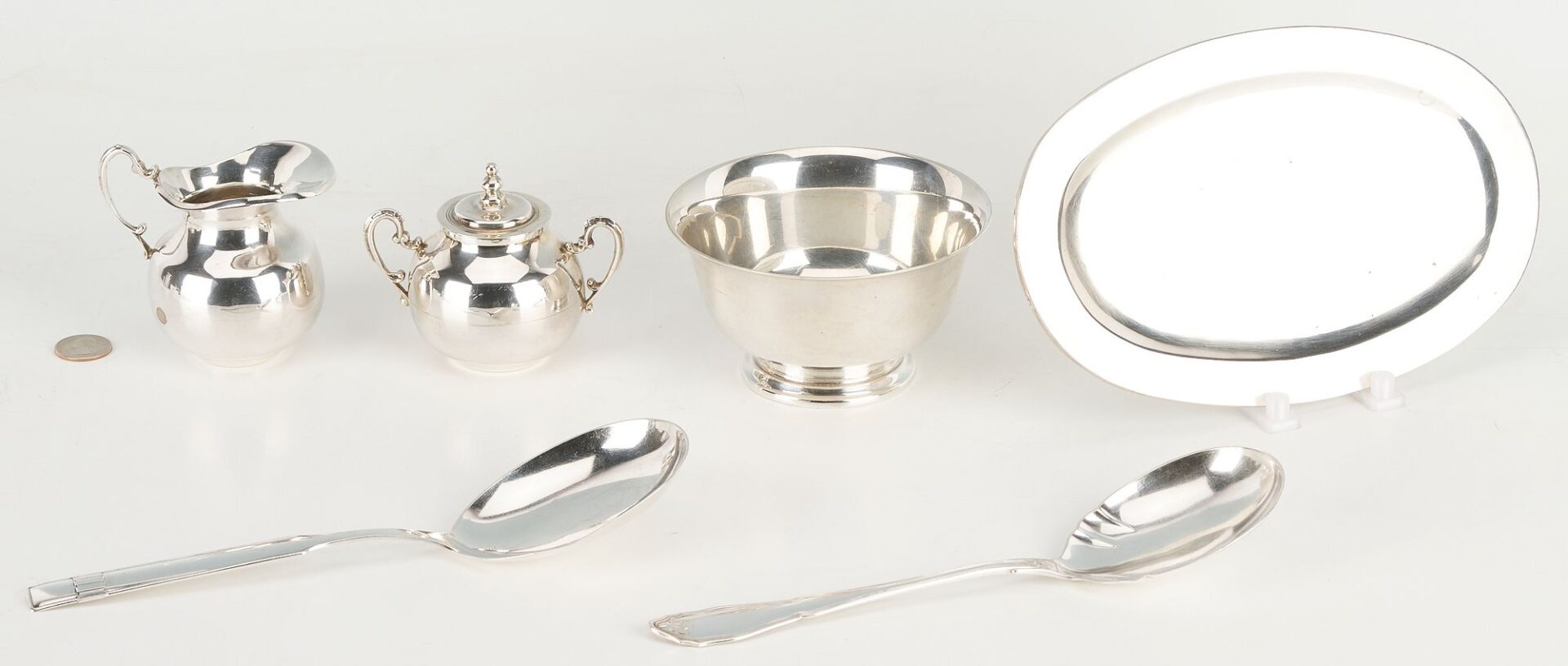 Lot 657: 6 pcs Hollowware incl. Danish Modern Spoons, Mexican Sugar/Creamer Set, Revere Bowl