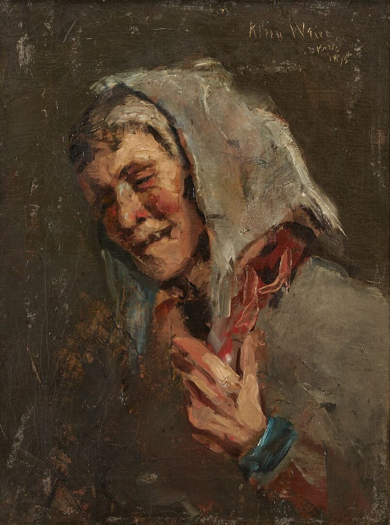 Lot 668: J. Alden Weir O/C Painting, Peasant Woman Laughing