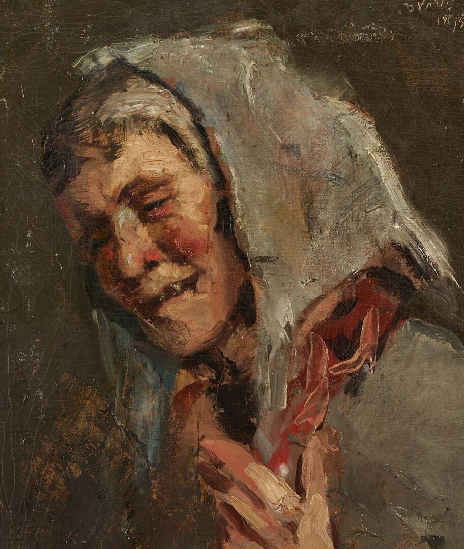Lot 668: J. Alden Weir O/C Painting, Peasant Woman Laughing