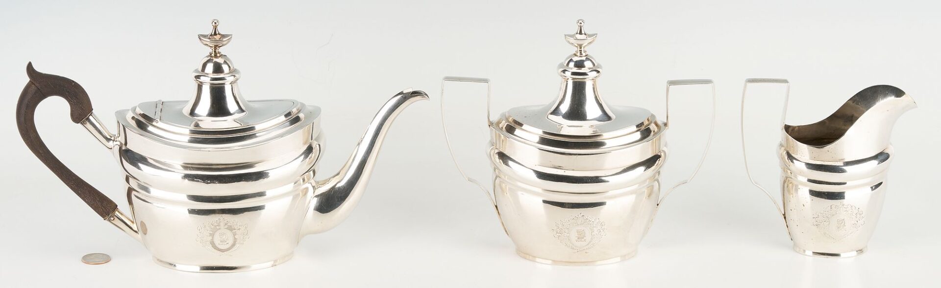 Lot 66: 3 pc Federal Coin Silver Tea Set, Riker & Clapp