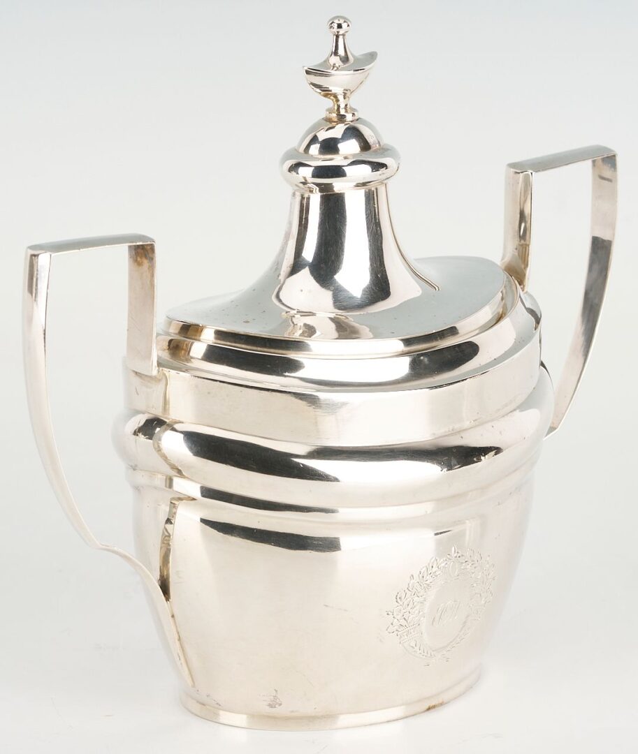 Lot 66: 3 pc Federal Coin Silver Tea Set, Riker & Clapp