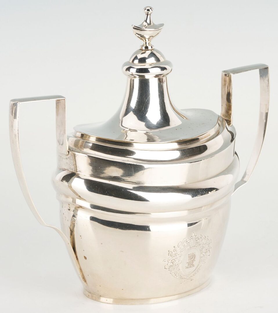 Lot 66: 3 pc Federal Coin Silver Tea Set, Riker & Clapp