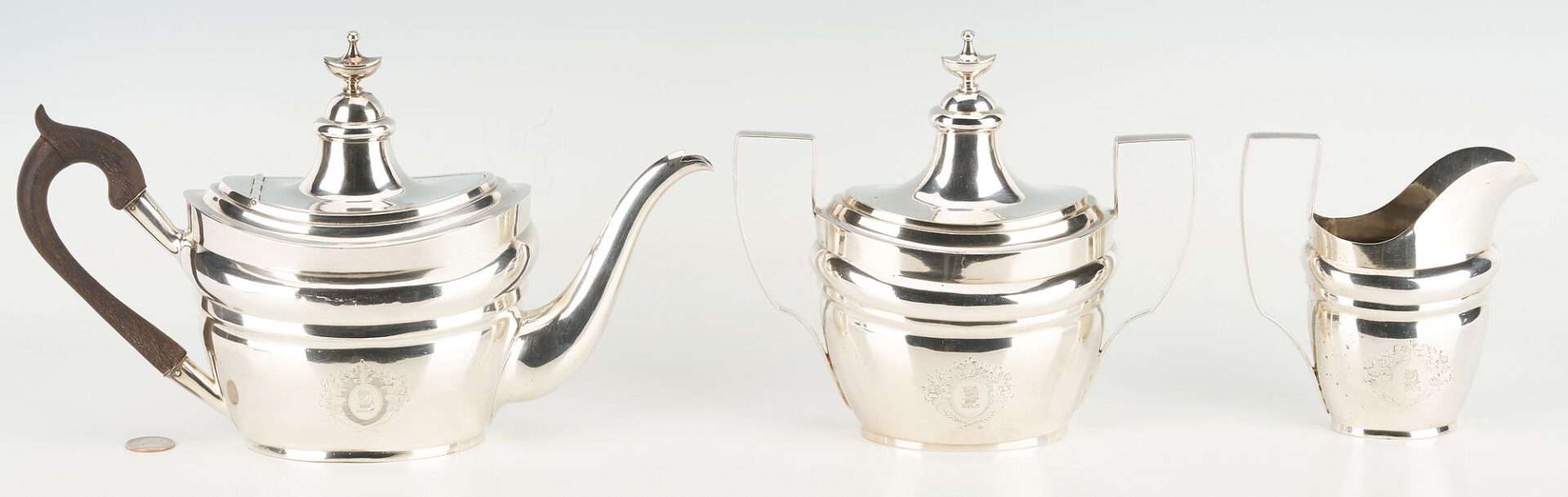 Lot 66: 3 pc Federal Coin Silver Tea Set, Riker & Clapp