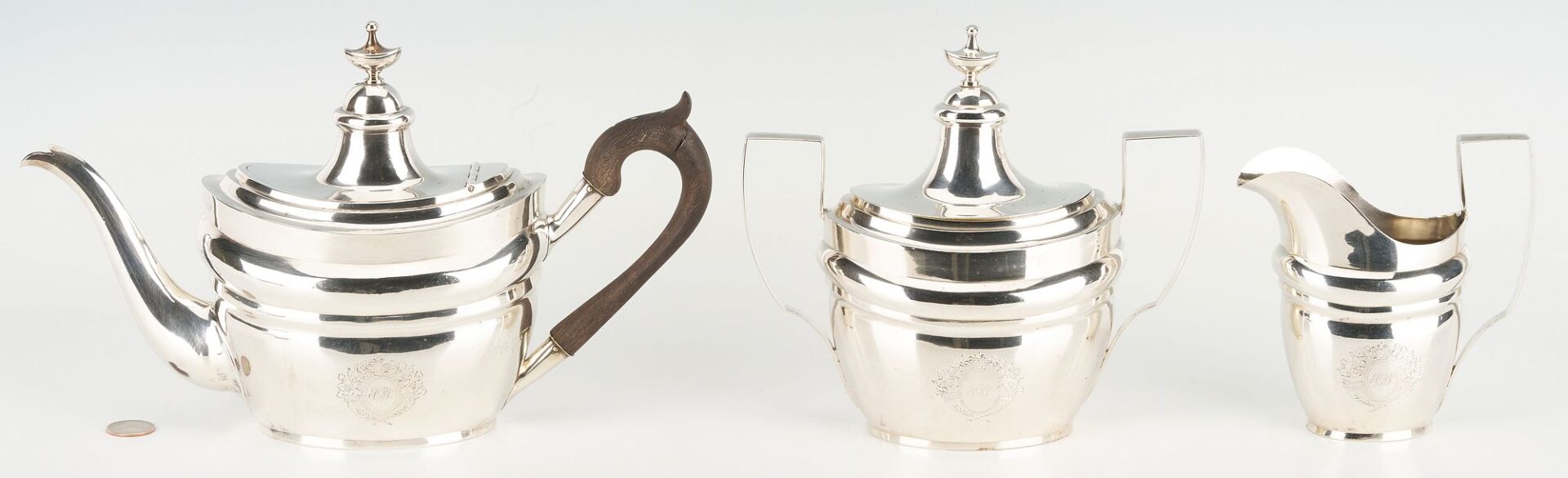 Lot 66: 3 pc Federal Coin Silver Tea Set, Riker & Clapp