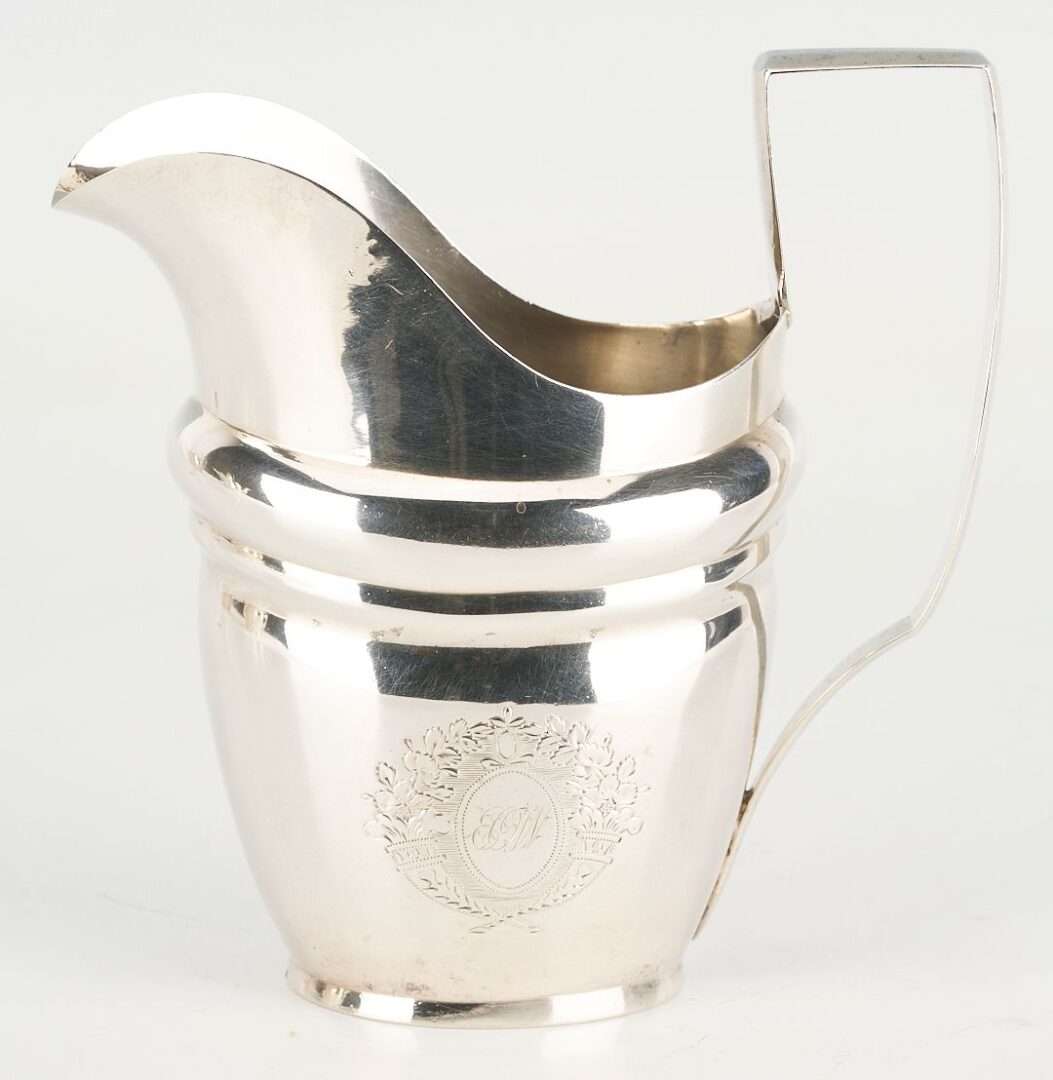 Lot 66: 3 pc Federal Coin Silver Tea Set, Riker & Clapp