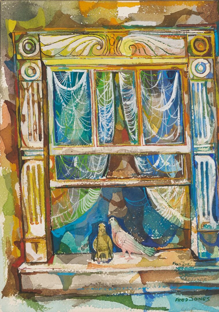 Lot 683: Frederick D. Jones W/C Painting, Doves on a Windowsill