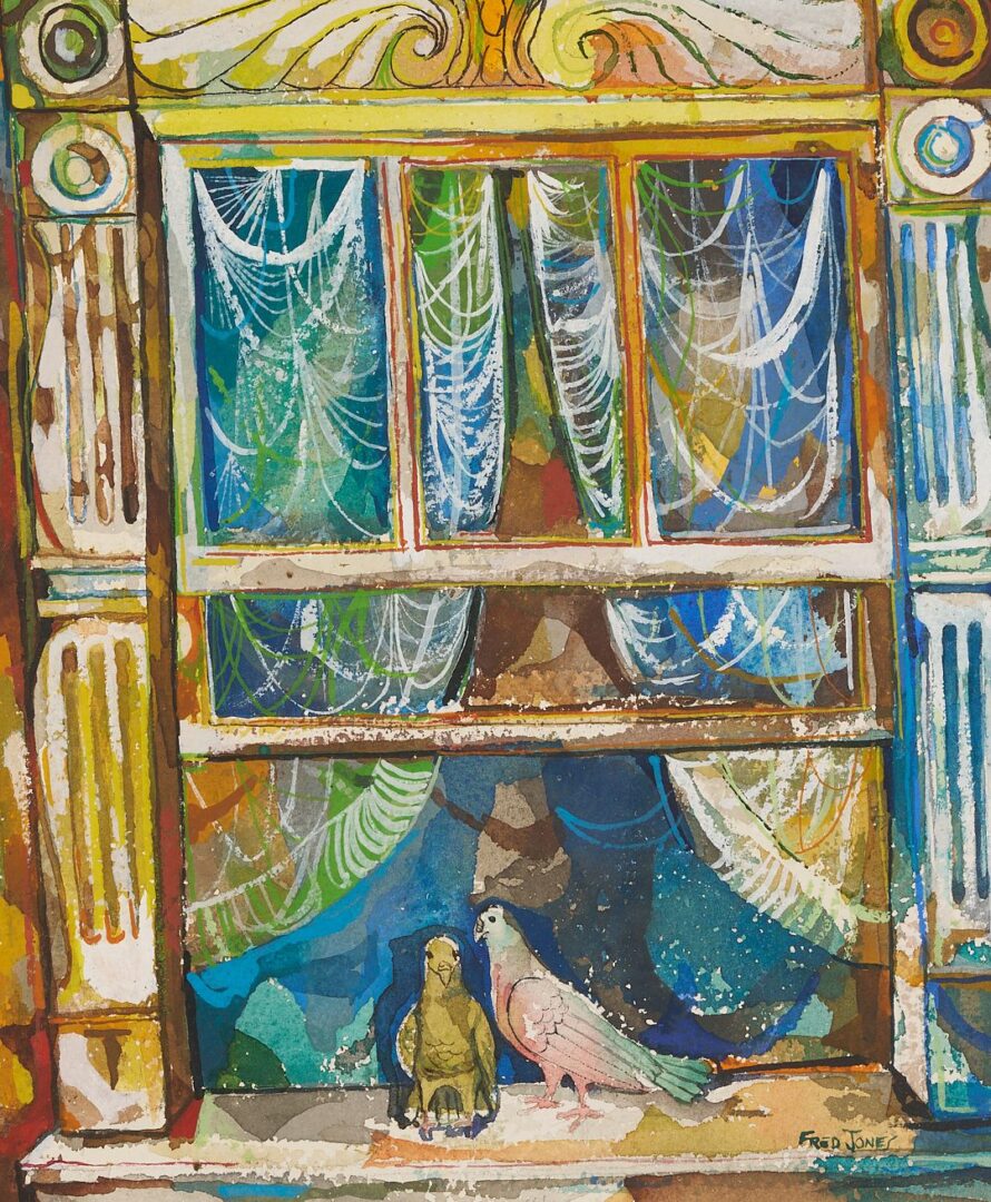 Lot 683: Frederick D. Jones W/C Painting, Doves on a Windowsill