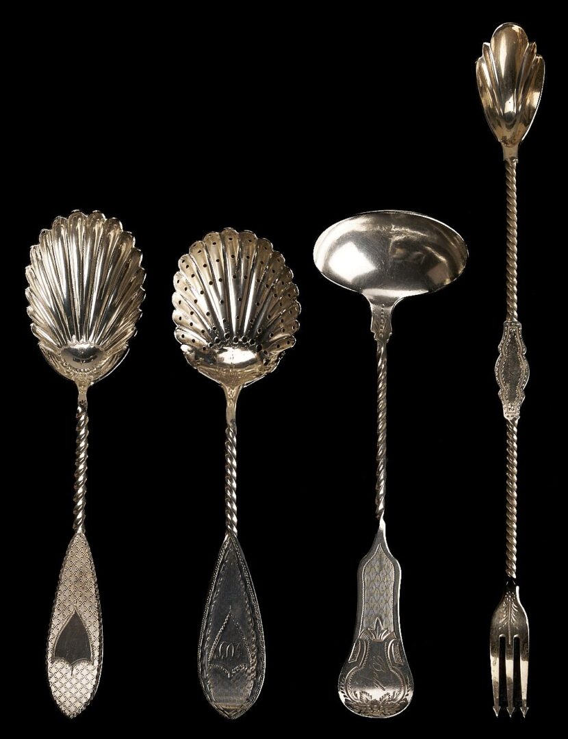 Lot 70: 17 Twist Handle Coin Silver Serving Pieces