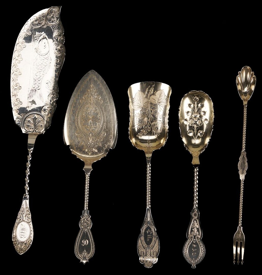 Lot 70: 17 Twist Handle Coin Silver Serving Pieces