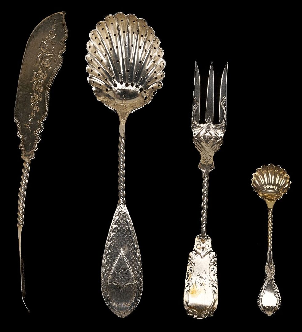 Lot 70: 17 Twist Handle Coin Silver Serving Pieces