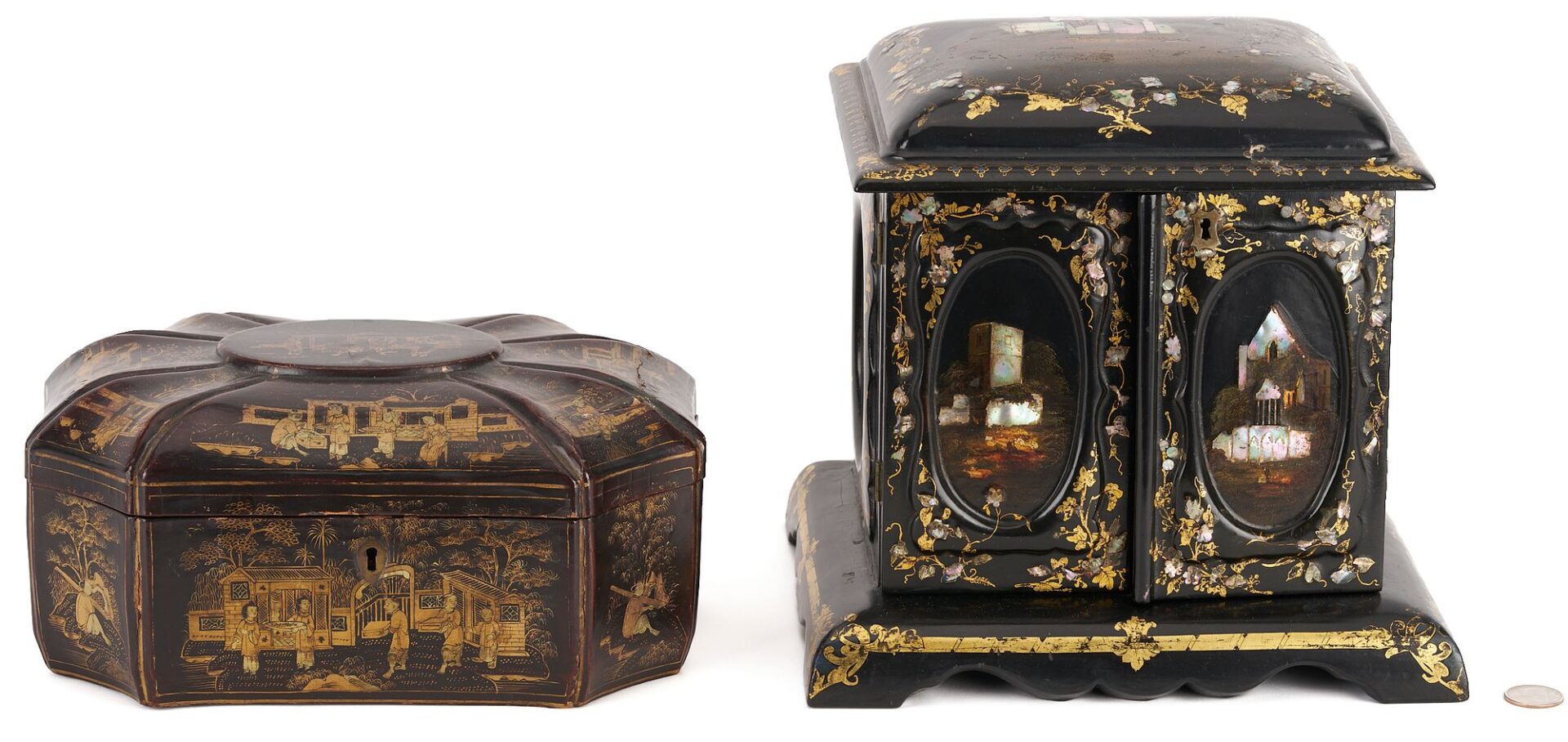 Lot 724: Chinese Export Lacquer Tea Caddy &  English Lacquer Jewelry Box