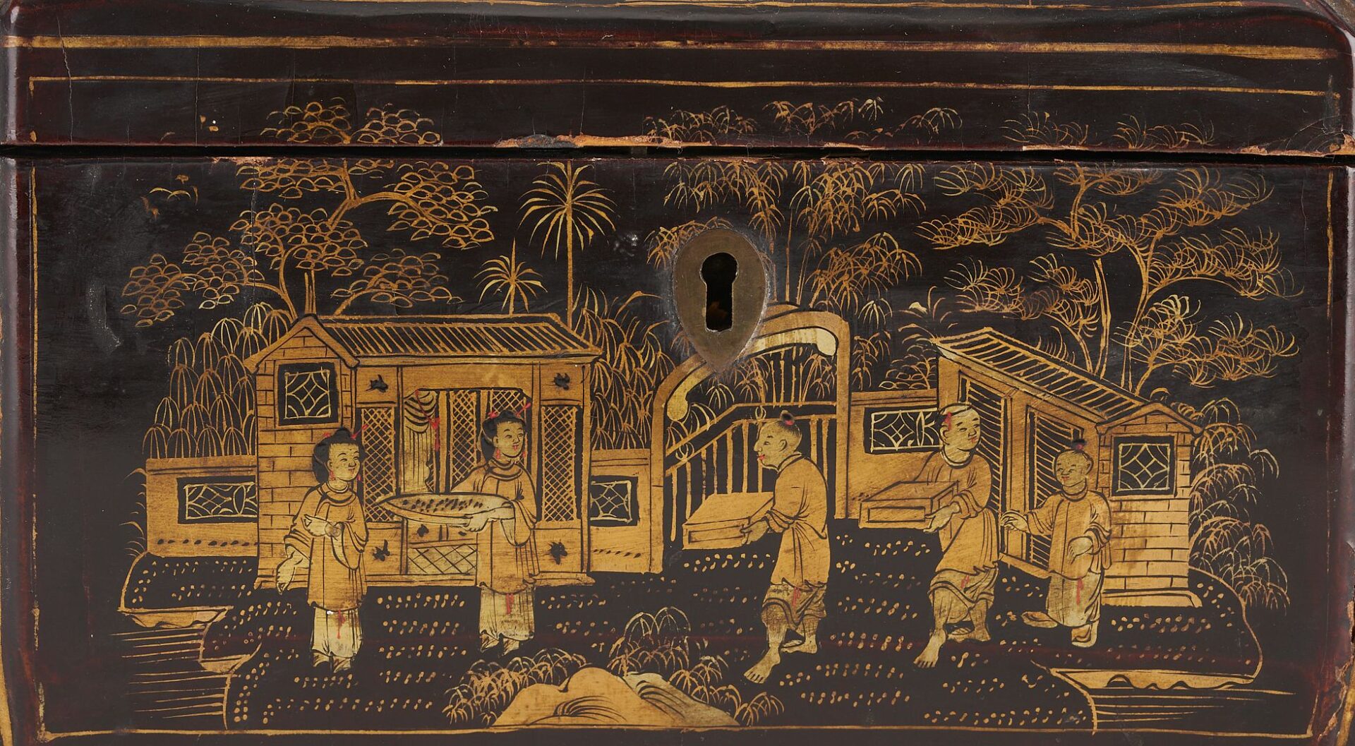 Lot 724: Chinese Export Lacquer Tea Caddy &  English Lacquer Jewelry Box
